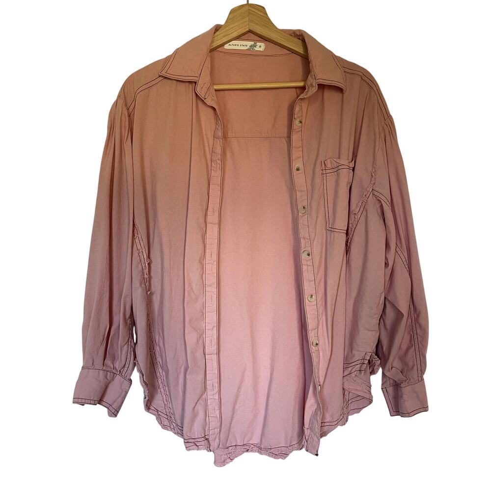 Altar'd State pink button down jean jacket style cotton rayon women's S raw hem